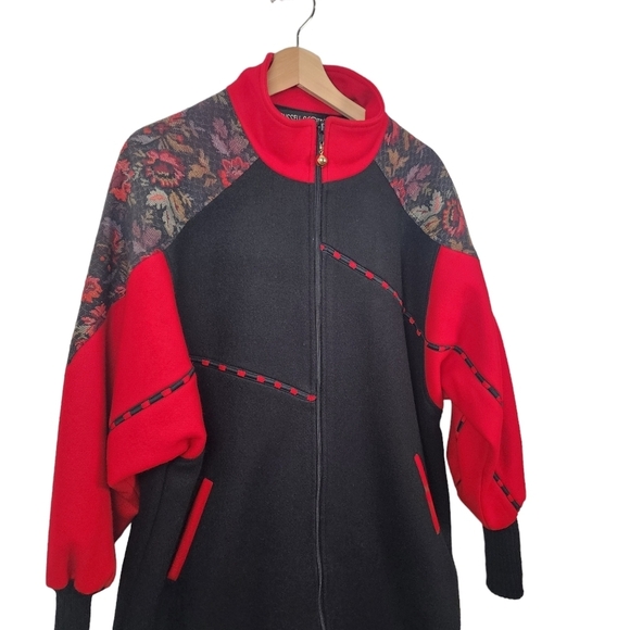 Vintage Wool Blend Women's Russell Scott Black & Red Floral zip up Jacket - Picture 9 of 13